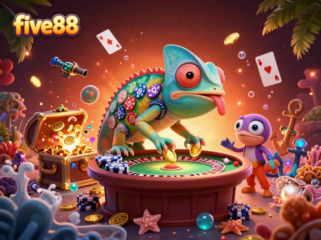 Engage in exciting gameplay at five88 with a vibrant chameleon casino owner surrounded by treasure and games.