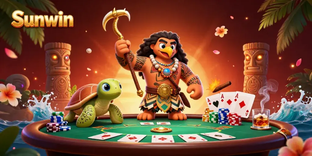 Experience high-stakes poker with Sunwin in this vibrant illustration featuring unique characters and detailed casino elements.