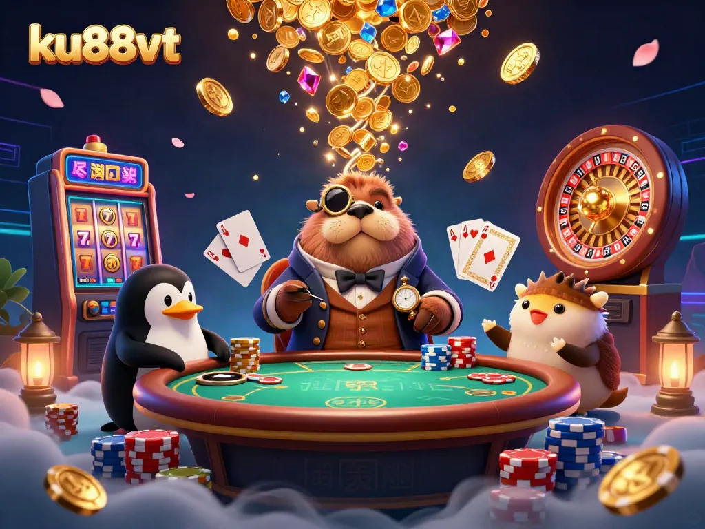 Experience thrilling gameplay at ku88vt with 3D characters enjoying poker under the sea.