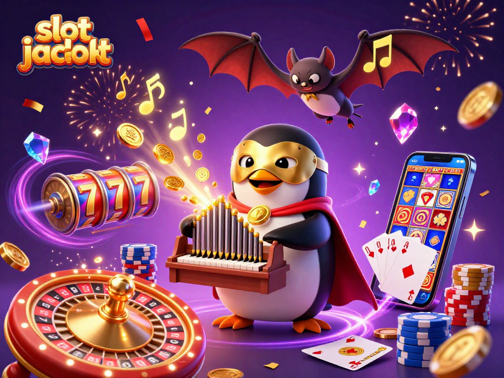 Experience slot jackpot thrills with a whimsical penguin organist and dazzling casino elements.