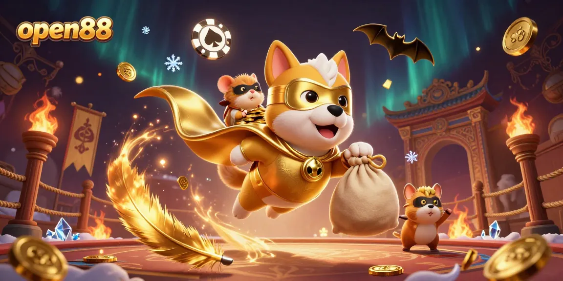 Experience the thrilling atmosphere of open88 as a superhero dog and hamster soar over a vibrant casino scene.