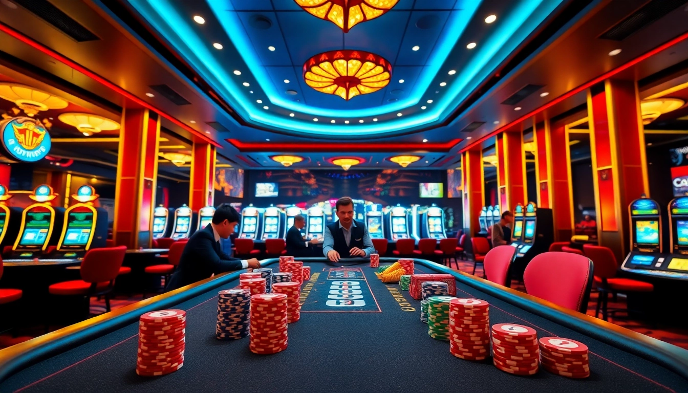 Exciting sbobet link alternatif login display at a vibrant casino filled with poker chips and slot machines.