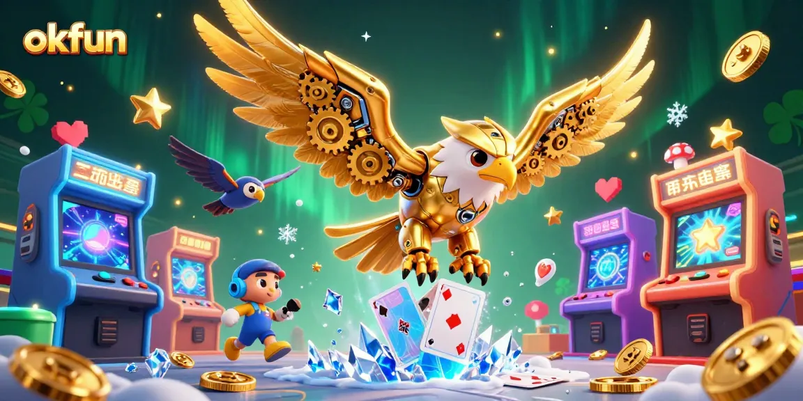 Engage with okfun in a vibrant 3D casino scene filled with flying cards and dynamic game elements.