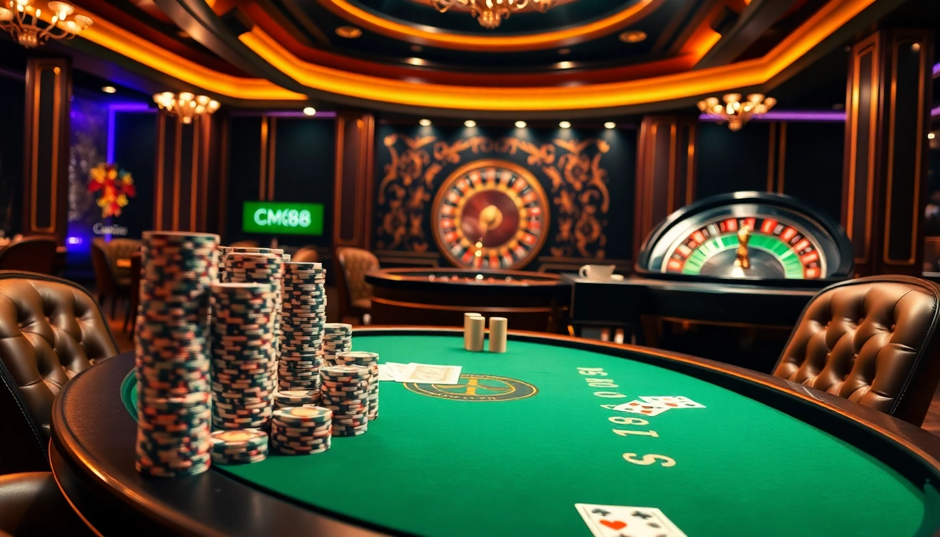 High-stakes poker game at CM88 OKVIP with vibrant decor, inviting seasoned gamblers.