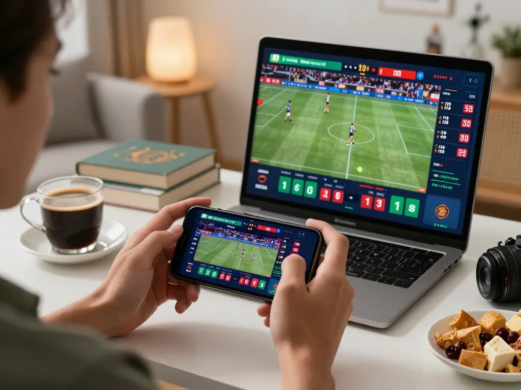 Cược vào Link 12bet với hành động cược thể thao hấp dẫn trên smartphone trong một ngôi nhà ấm cúng.
