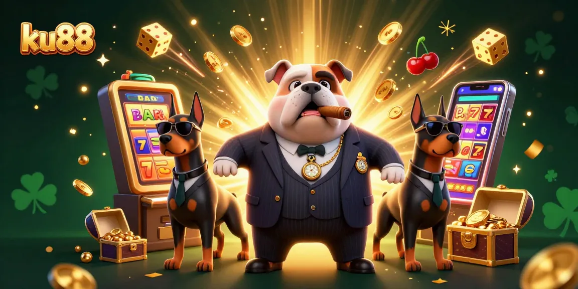 ku88 captures the essence of casino excitement with a mafia bulldog surrounded by slot machine action