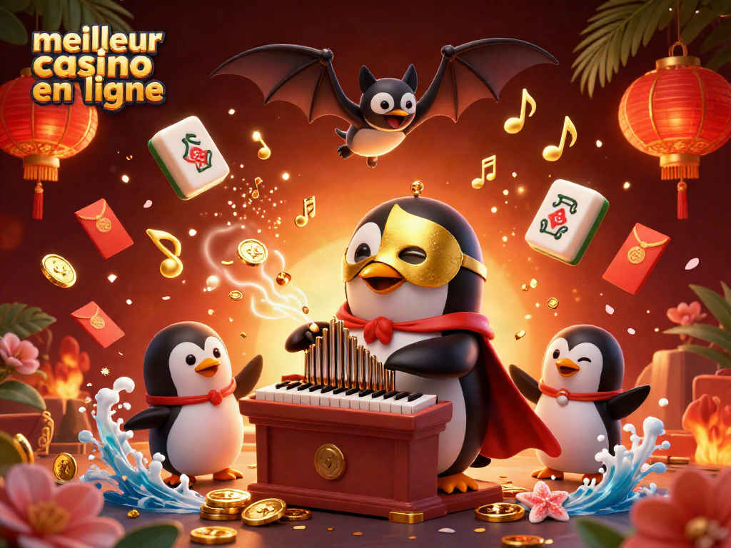 Illustration dynamique représentant le meilleur casino en ligne avec un pingouin fantôme et des éléments de jeu colorés.