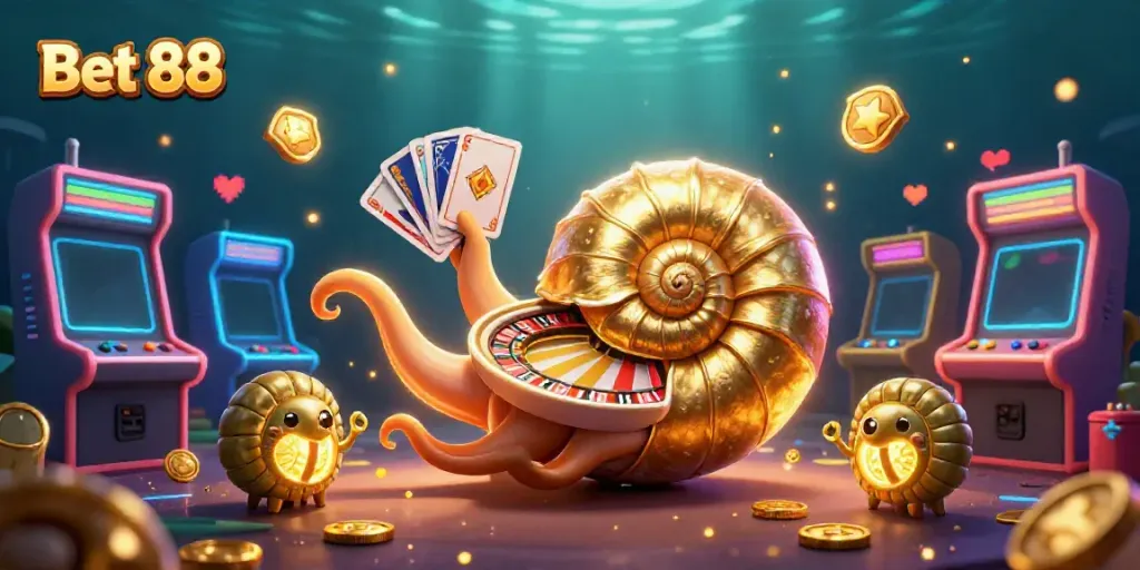 Engage in Bet 88 action with an ancient nautilus roulette wheel and vibrant casino elements.