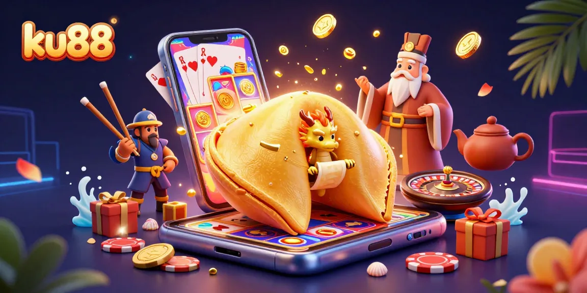 Spin the reels with ku88 in this vibrant casino scene featuring a magical golden fortune cookie.