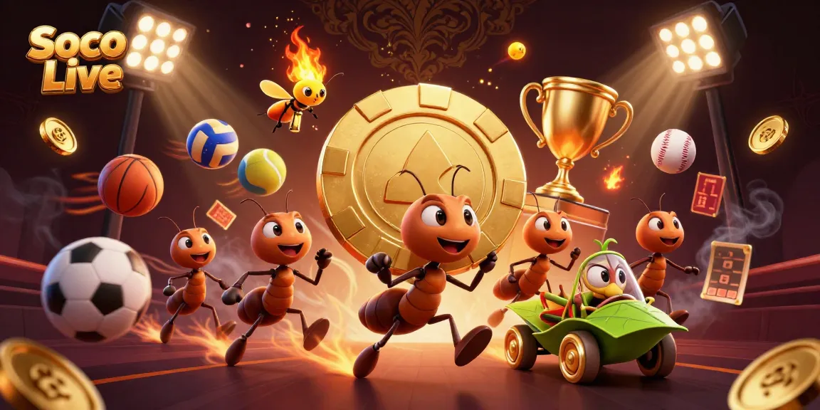 Soco Live delivers exciting soccer action with a 3D heist scene of animated ants, sports balls, and vibrant golden elements.