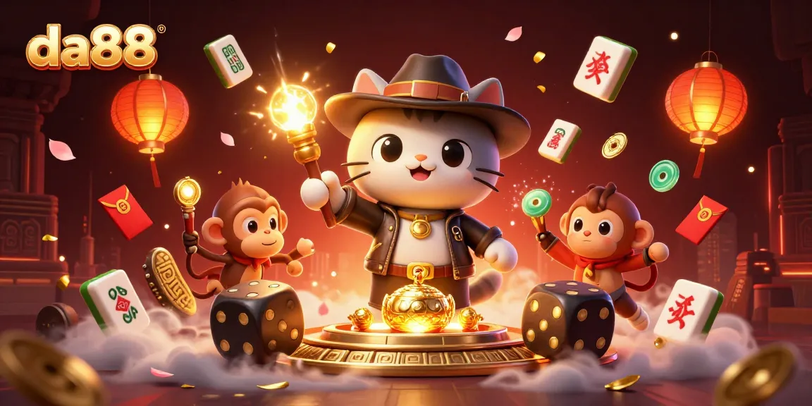 Engaging in thrilling da88 adventures as the cat explorer discovers a golden casino artifact in a vibrant temple.