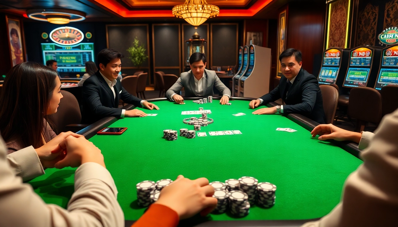 Players enjoying a thrilling poker game at Hi88 casino, surrounded by luxurious gaming elements.