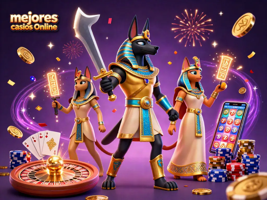 Ilustración 3D mostrando los mejores casinos online con Anubis y Bastet, rodeados de símbolos de juego.