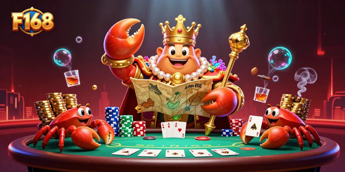 Engage with F168's luxurious gameplay featuring a golden crab emperor amidst colorful poker chips and cards.