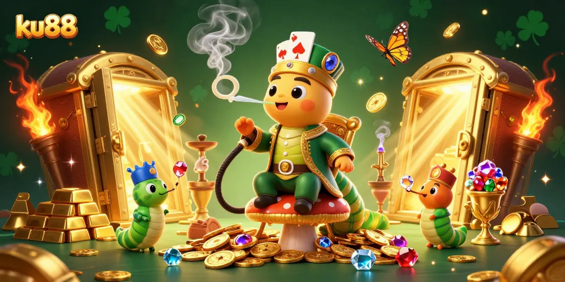 ku88 ignites excitement with a vibrant 3D casino scene featuring poker symbols, treasures, and blissful characters.