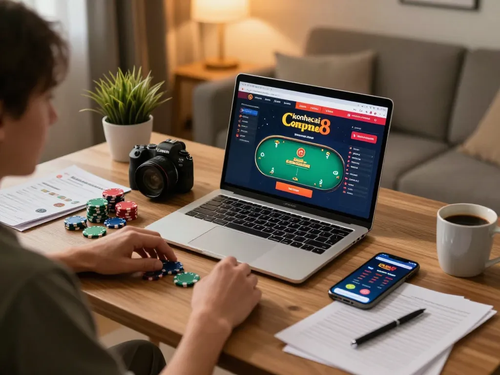 Engaged user strategizing on keonhacai8 online casino poker gameplay at home setup
