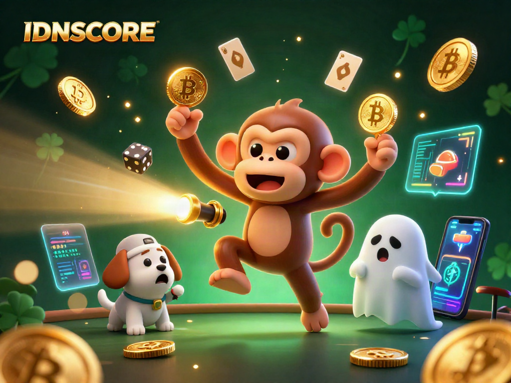Engage with IDNSCORE's vibrant virtual casino scene featuring a playful poltergeist monkey juggling coins.