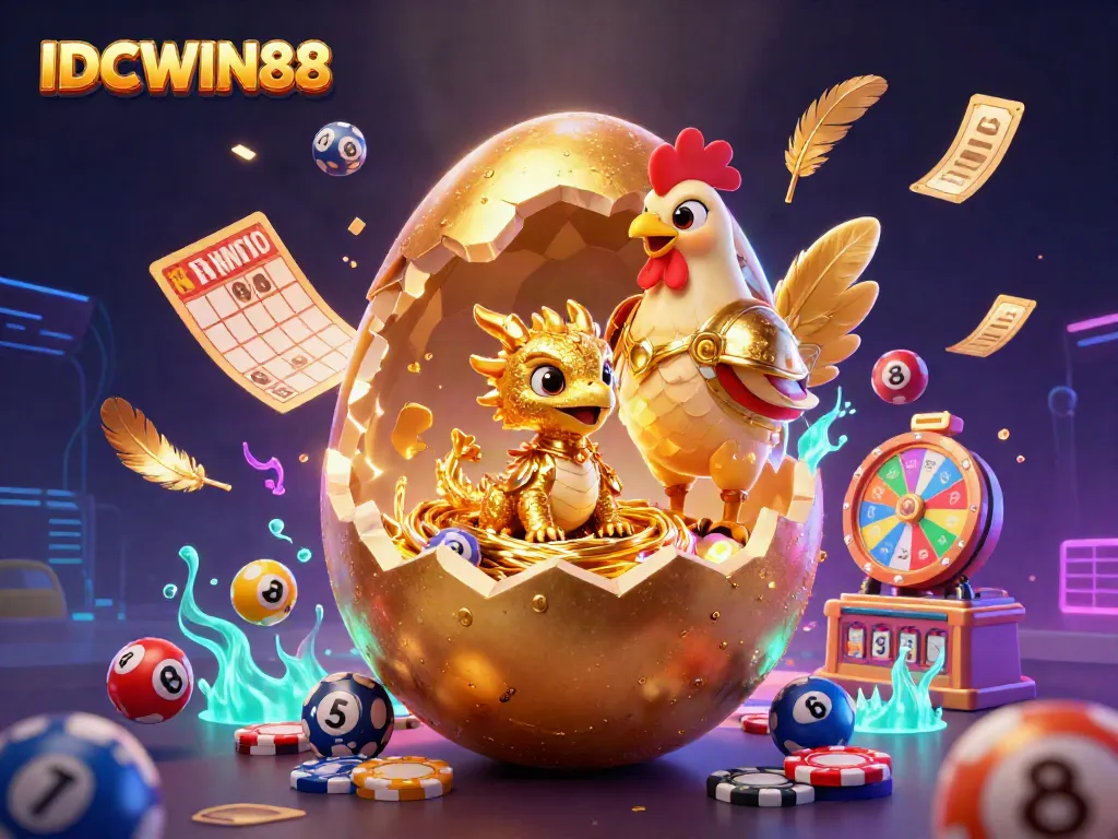 Engage with IDCWIN88's gaming excitement as a golden baby dragon emerges from a poker chip nest.