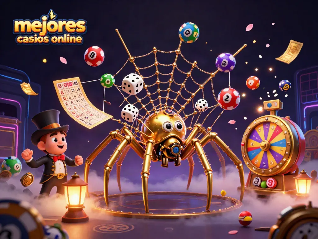 Animación de los mejores casinos online mostrando una araña dorada y diversos elementos de juego fascinantes.