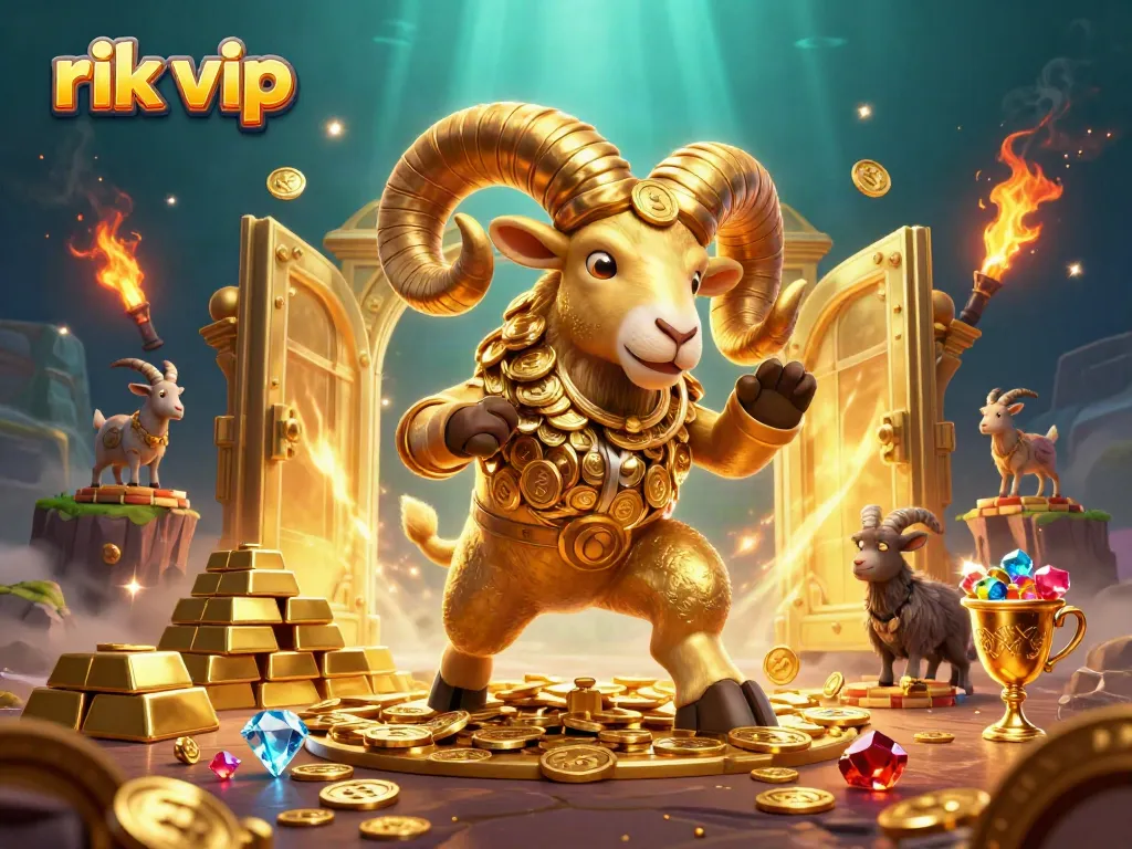 Witness the excitement of rik vip with this vibrant 3D scene depicting a golden ram charging through a treasure vault, embodying the thrill of casino gaming.