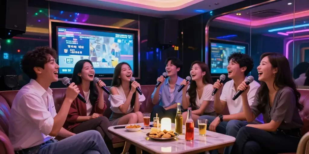 강남 달토에서 친구들이 즐겁게 노래하고 있는 고급스러운 분위기의 가라오케 룸