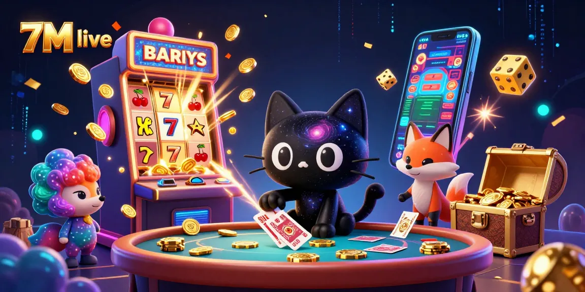 Bettors enjoy 7M live action, navigating golden chips and cards in an exciting cosmic casino