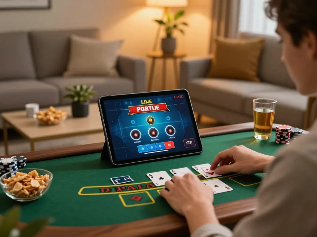 gg88 player excitedly engaging in online blackjack from cozy home setup.
