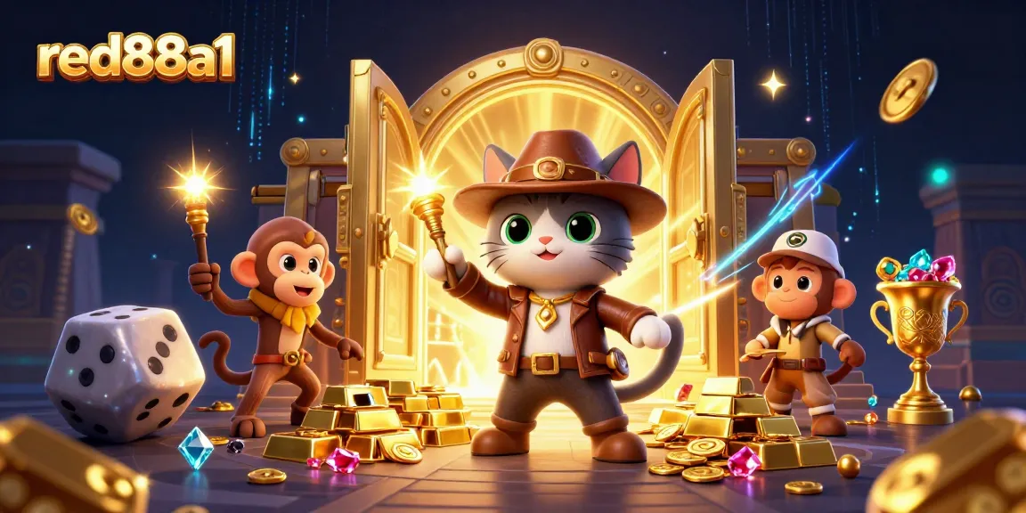 Engage in thrilling gaming adventures with red88a1's vibrant casino treasure discovery illustration.