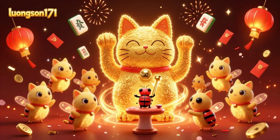 Experience exciting wins at luongson171 with a vibrant illustration of a lucky cat and golden fireflies in a casino celebration.