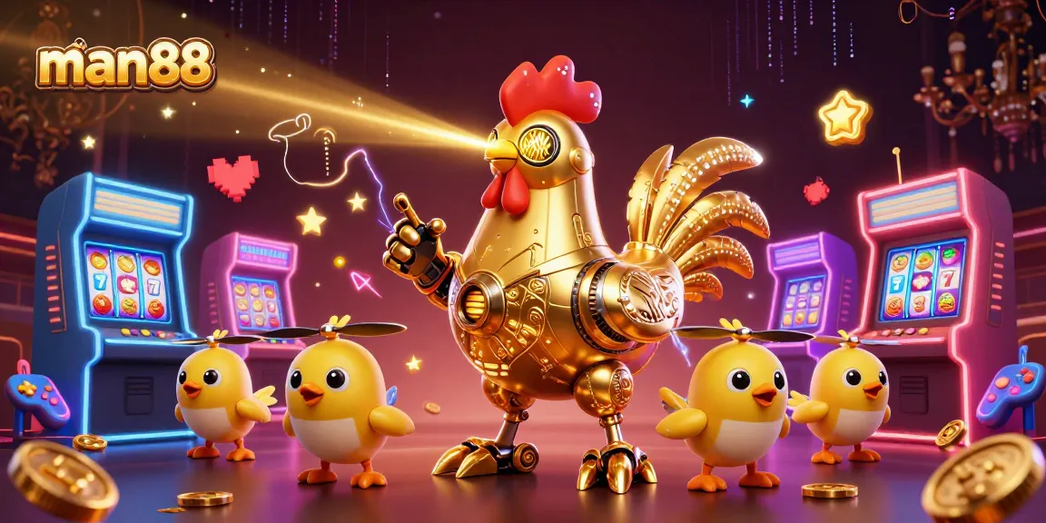 Engage with man88's golden rooster robot amidst vibrant 3D arcade game machines and lively casino elements.