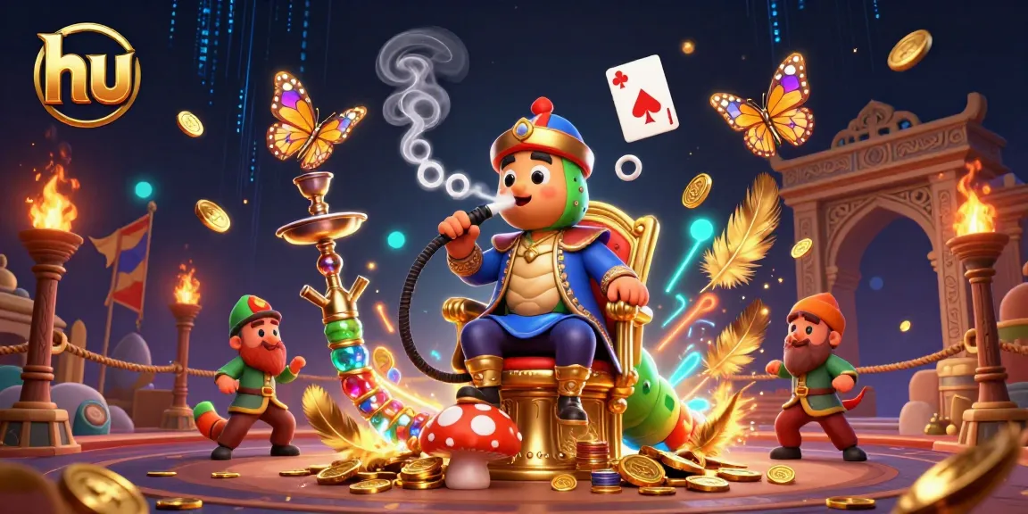 Engage with hu's vibrant online casino experience, featuring a whimsical caterpillar in a rich gambling scene.