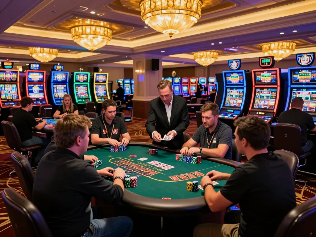 Players enjoying an intense nohu blackjack game surrounded by shimmering slot machines in a vibrant casino atmosphere