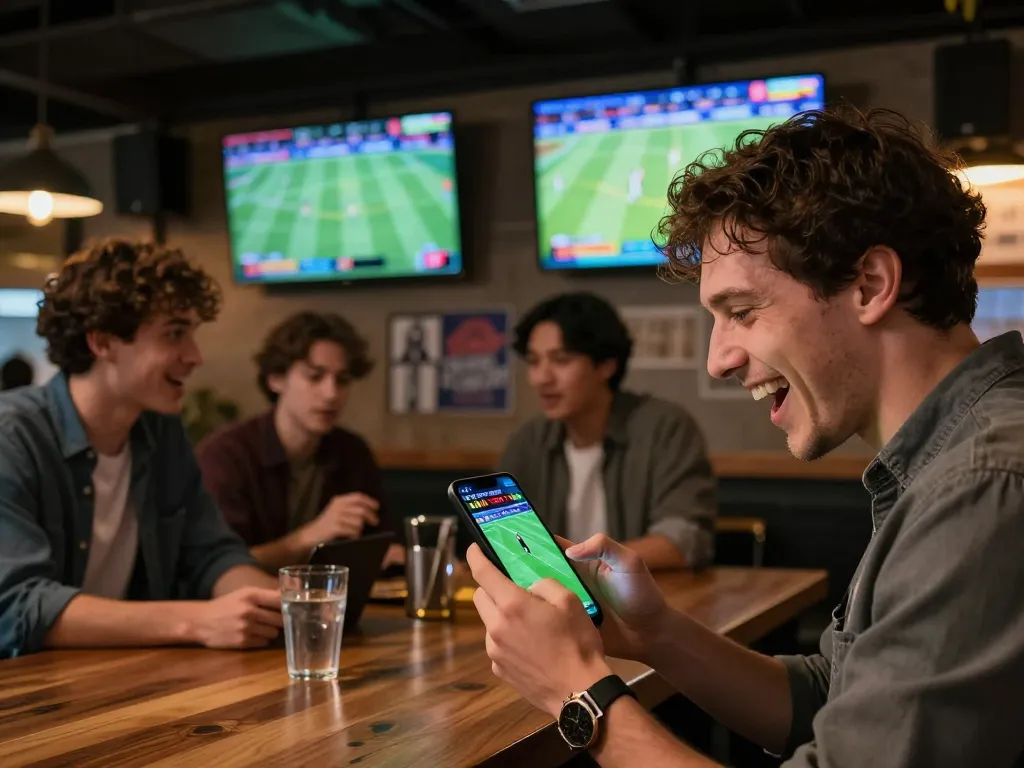 Engaged friends at a sports bar placing bets on luck81 using smartphones while watching live matches.
