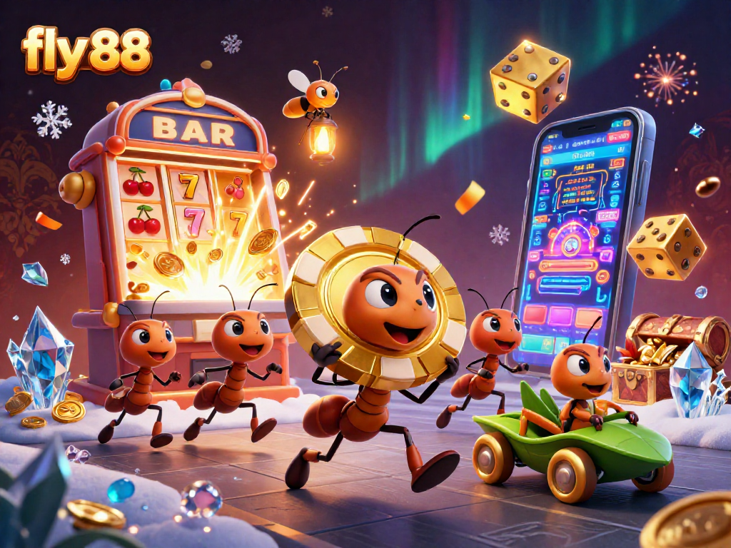 Experience the excitement of fly 88 as ants carry a colossal poker chip through a vibrant, animated heist scene.