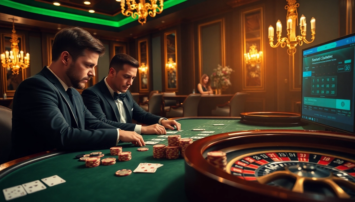 Players engaged at a high-stakes poker table with bk33 ambiance showcasing excitement and luxury.
