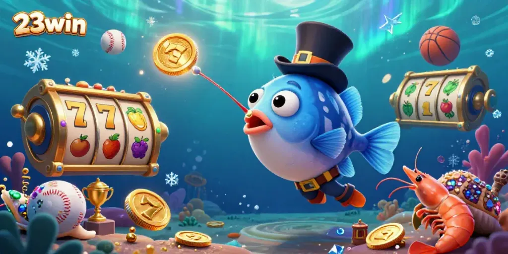 Experience 23win excitement with the anglerfish and glowing treasures in this vibrant, dynamic casino scene.
