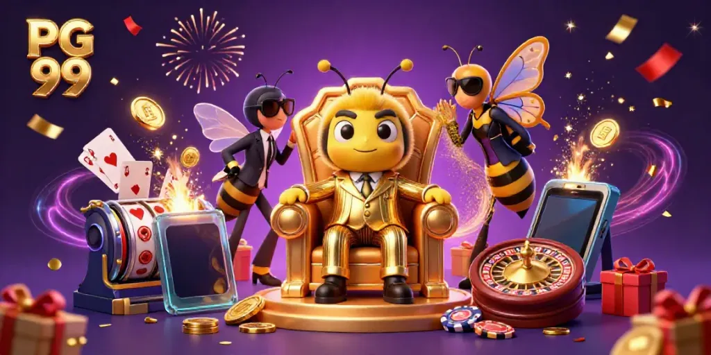 Experience the excitement of PG 99 slots with a vibrant 3D casino scene featuring a playful bumblebee mob boss.