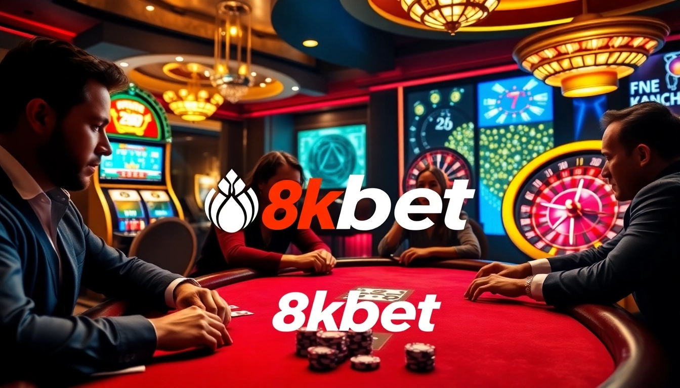 Excited players betting at a high-stakes poker table in a luxurious casino environment showcasing 8kbet.