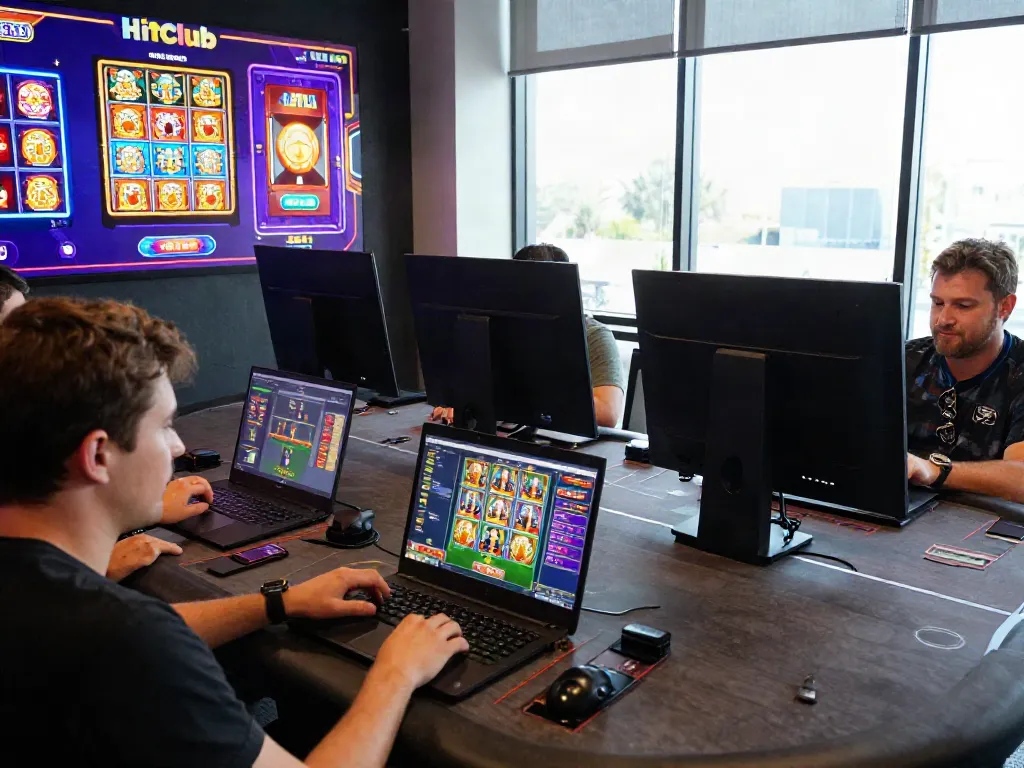 Players enjoying games on Hitclub platform in vibrant online casino setting.