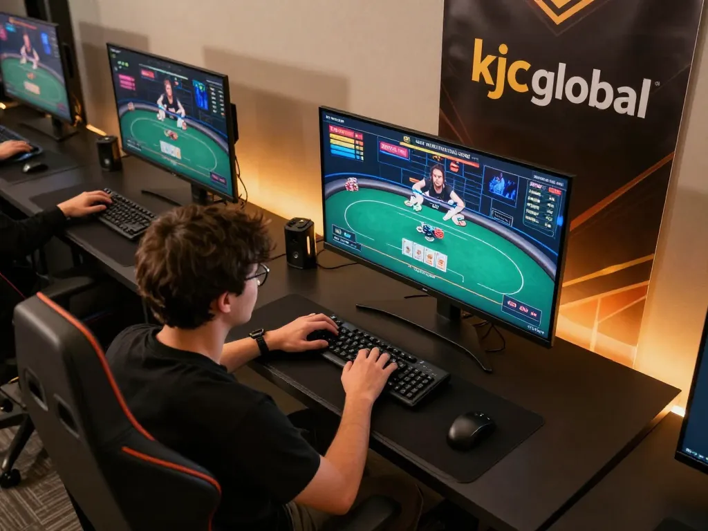 KJC Global player analyzing poker strategies on a modern gaming setup during an online session