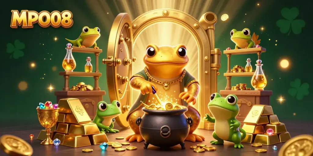Experience MPO08's magical world with alchemists and golden treasures in a vibrant casino scene.