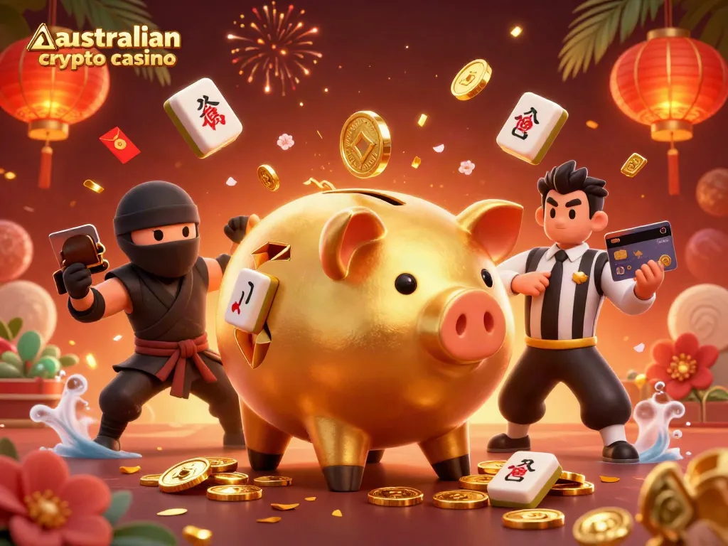 Engage with the vibrant australian crypto casino scene featuring iconic characters amidst coins and festive decor.
