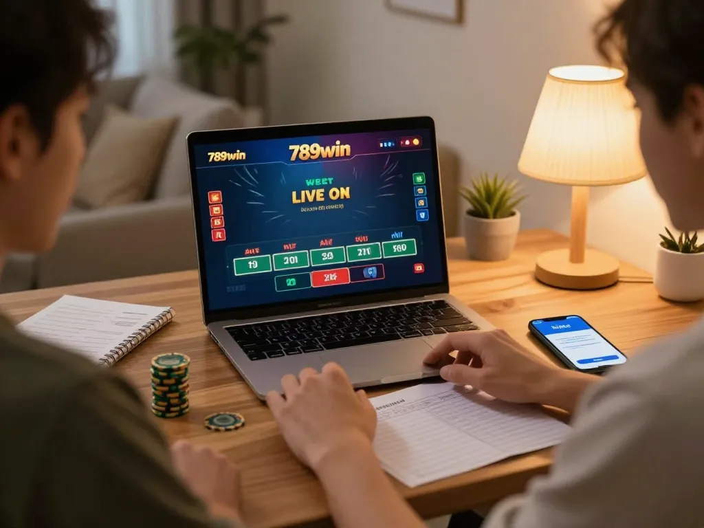 Engaging in live dealer game on 789win with warm home ambiance and strategic notes.