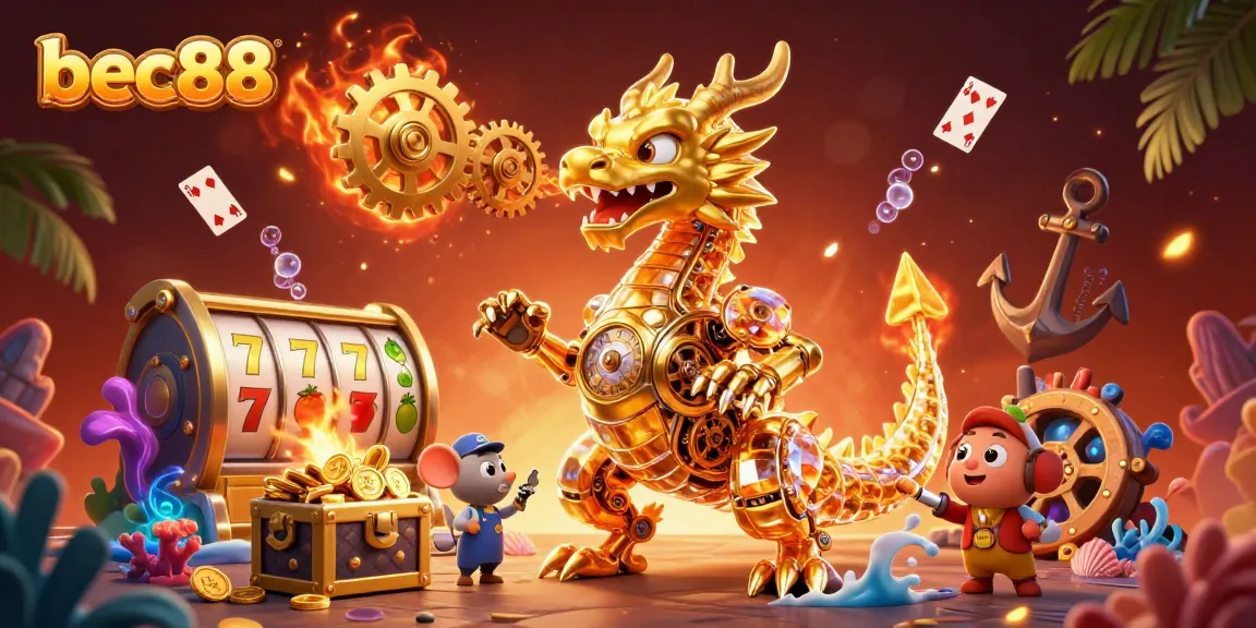 Experience thrilling gameplay at bec88 with a vibrant 3D casino illustration featuring slots, cards, and treasure.