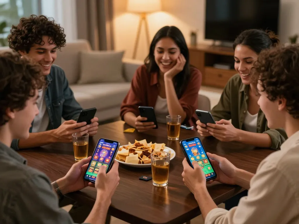 Players enjoying an exciting group gambling session with 88aa đăng nhập on their mobile phones in a modern living room.