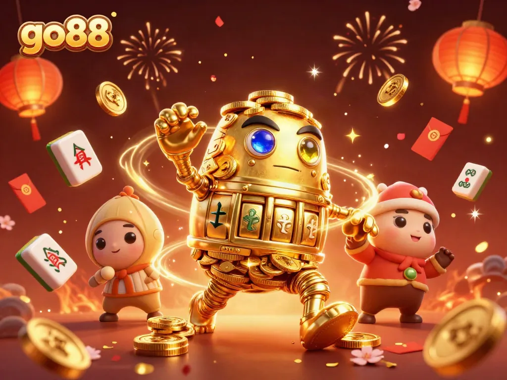 Engage with go88, enjoy vibrant casino-themed illustration featuring golem, confetti, and festive elements.