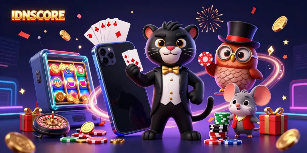 Experience IDNSCORE with colorful slot games, engaging characters, and rich casino elements.