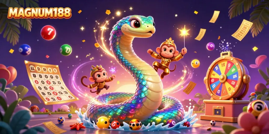 Experience MAGNUM188's vibrant lottery adventure with colorful elements and playful characters.