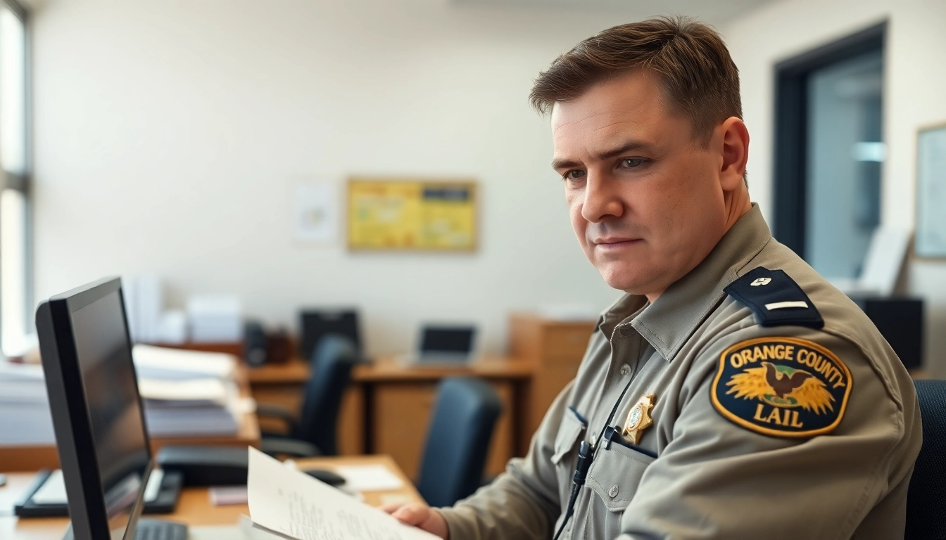 Law enforcement officer analyzing orange county jail inmate booking information in a modern office.