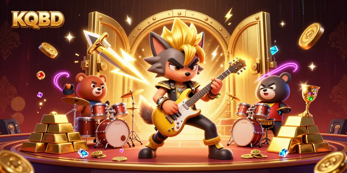 KQBD offers a vibrant 3D casino scene featuring a rock star wolf and drummer bear with gold treasures and dynamic energy.